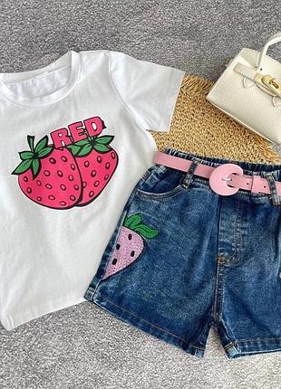 Летний костюм для девочки с клубникой джинсовые шорты
