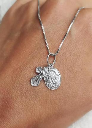 Серебряная подвеска богородица +крестик