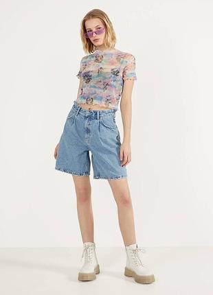 Сітчаста футболка бершка з тюлю топ кроп із принтом від bershka