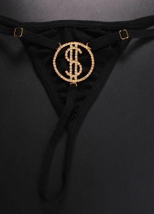 Чорні плавки трусики з літерами стразами сексуальні з цепочками на регуляторах з доларом золотим1 фото