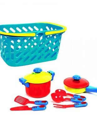 Посуда в корзинке, 7 предметов, голубая1 фото