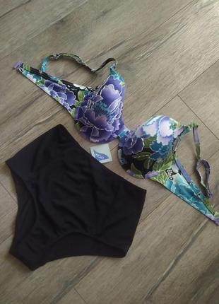 34dd,75е, 38/s(10),m&s, роскошный черный раздельный купальник с сиреневыми цветами на тонком поролон