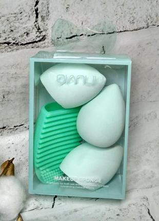 Набір спонжів для макіяжу 3 бьюті спонжі та силіконова мийка для пензлів м'ятні st24-224-1