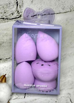 Набір спонжів для макіяжу 3 бьюті спонжі та щітка для очищення обличчя бузкові st24-223-2