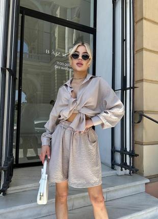 Трендовый легкий льняной комплект жатка женский костюм оверсайз рубашка и шорты из льна летний