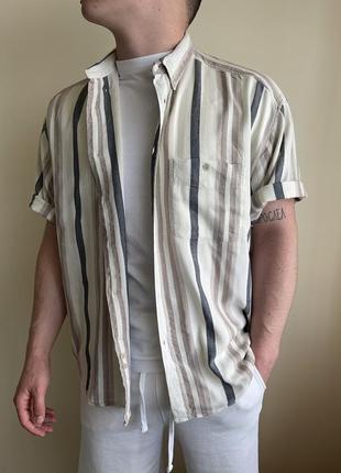 Легка світла теніска hudson river в смужку, літня сорочка, гавайка, шведка, гадсон рівер, бежева, молочна