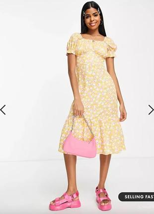 Платье asos influence, желтое, миди в цветочек