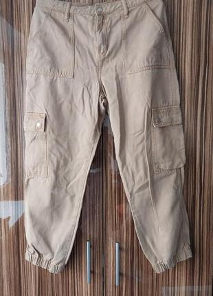 Натуральные хлопковые фирменные брюки джогеры карго с высокой посадкой цвет кемел