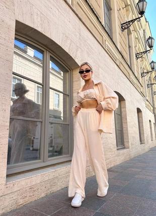 Костюм тройка❗️трендовый креповой женский комплект оверсайз рубашка + топ + широкие брюки легкий костюм