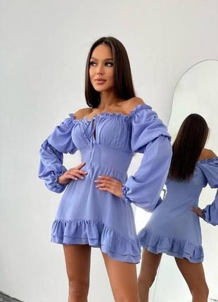 Платье короткое однотонное на длинный рукав летняя трендовая качественная голубая розовая
