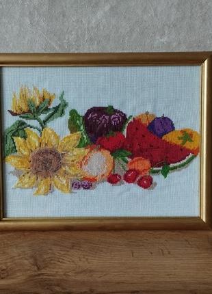Вышитая картина, цветы, фрукты, овощи