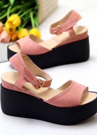 Босоніжки на танкетці "merry", пудра/чорний, натуральна замша6 фото