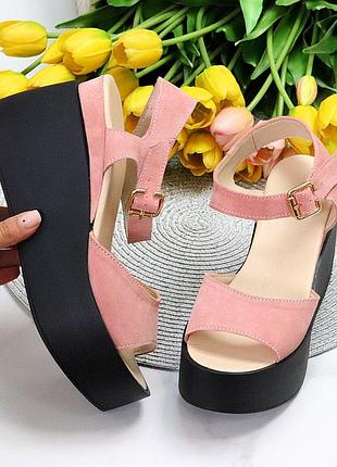 Босоніжки на танкетці "merry", пудра/чорний, натуральна замша2 фото