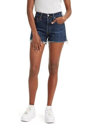 Р 10 / 44-46 женские короткие джинсовые шорты с высокой талией levi's 501 темно-синие на пуговицах
