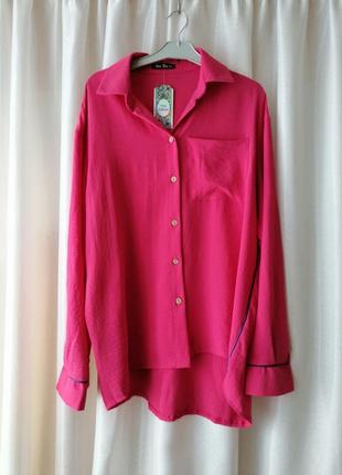 Сорочка оверсайз жатка яскраво-рожева фуксія з тоненьким синім лампасом розмір єдиний універсальний