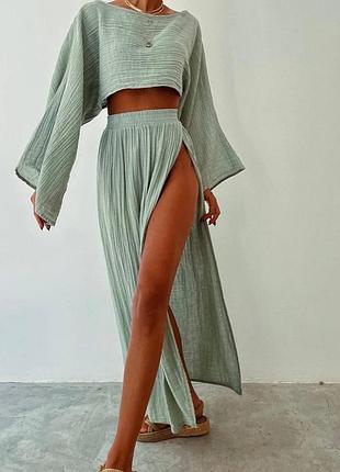Невагомий легкий костюм з натурального мусліна. вільний топ і довга спідниця md-1070