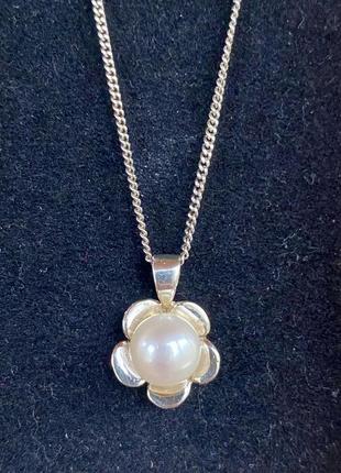 Новый оригинальный милый серебряный подвес кулон "цветок" с натуральной белой жемчужиной5 фото