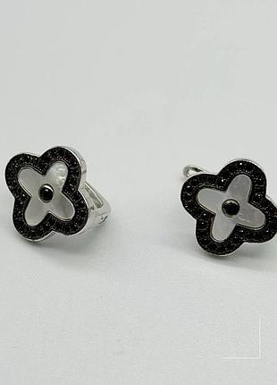 Серебряные серьги в стиле "van cleef  и  arpels" со вставкой фианит/перламутр