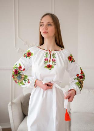 Лляне біле плаття з вишивкою (соняхи) вишиванка вишите плаття сукня вишита