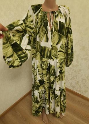 Шикарна брендова  пишна сукня тропічний принт  широкі  рукава буфи h&m