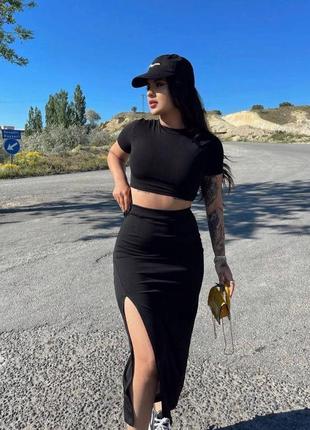 Костюм жіночий однотонний топ короткий спідниця міді на високій посадці з розрізом по нозі якісний трендовий чорний рожевий