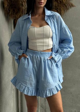 Жіночий костюм з натурального льону (сорочка +шорти) 🫶new collection