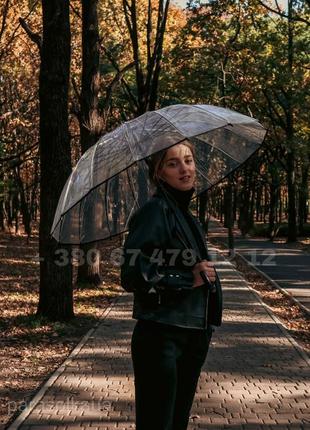 Прозрачный женский зонт-трость в стиле "birdcage", чёрный, полуавтомат (открытие), 16 спиц.