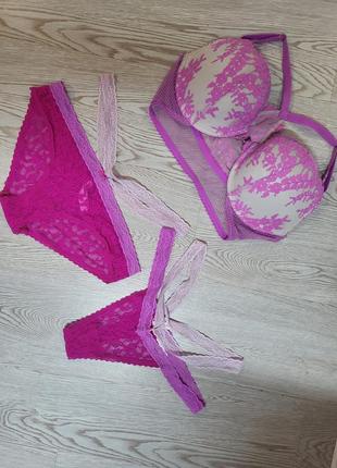 Комплект бюстгальтер та 2 трусиків victoria's secret  l/g фуксія
