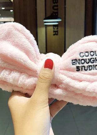 Пов'язка на голову для вмивання, розовая рожева еластична для макіяжу спа косметична. ободок повязка ушки макияжа обручь