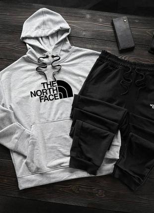 Чоловічий весняний спортивний костюм the north face : худі кольору сірий + чорні штани з принтом tnf тнф