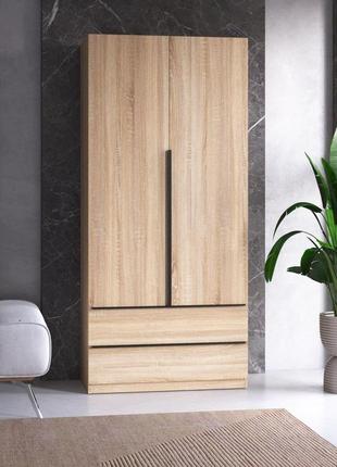 Шафа для одягу зі штангою і полицями 2 двері і 2 ящики м30,шафа гардеробна двосекційна,шафа пряма дуб сонома