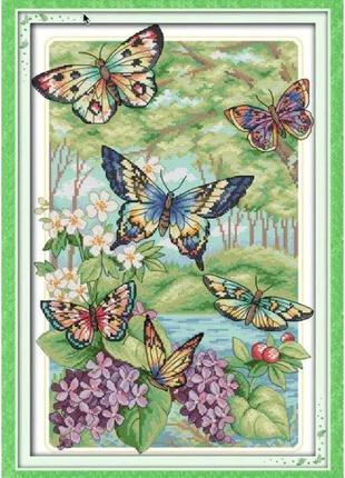 Набор для вышивания по нанесённой на канву схеме"butterflies fly in the forest". aida 14ct printed, 32*47 см