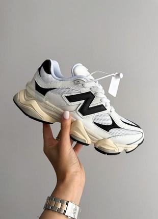Круті жіночі та чоловічі кросівки new balance 9060 white black leather premium чорно-білі
