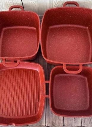Набор кастрюль сотейник квадратная сковорода higer kitchen нк-317 с лопатками 14 предметов (красный, черный)2 фото