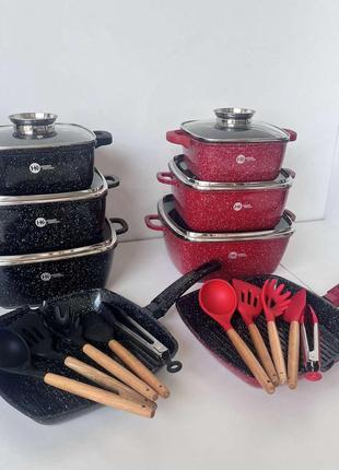 Набор кастрюль сотейник квадратная сковорода higer kitchen нк-317 с лопатками 14 предметов (красный, черный)