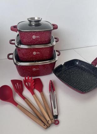Набор кастрюль сотейник квадратная сковорода higer kitchen нк-317 с лопатками 14 предметов (красный, черный)4 фото