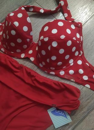 32е,70е,38/s(10),la senza, красный роскошный раздельный купальник в горох с утяжкой живота, новый