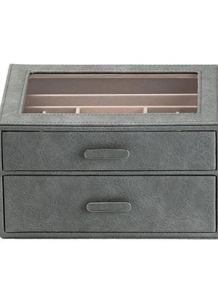Компактная шкатулка для украшений из эко-кожи два яруса,стильный дизайн, размер 24,5*17,5*14 см,цвет серый