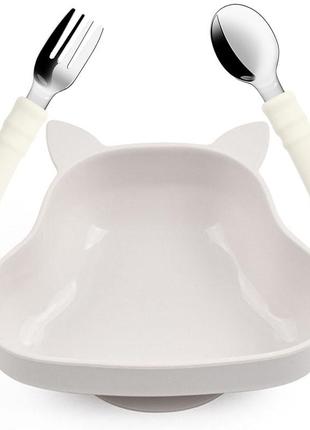 Набор детской силиконовой посуды 2life y23 глубокая тарелка белка и ложка вилка светло-серый v-12102