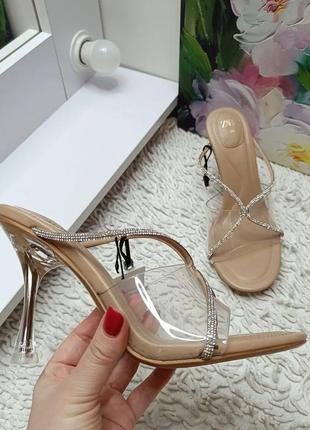 Прозорі шльопанці мюлі на підборах у стрази