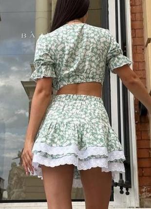 Милый нежный женский новый летний костюм комплект с юбкой и топом в цветочек в...