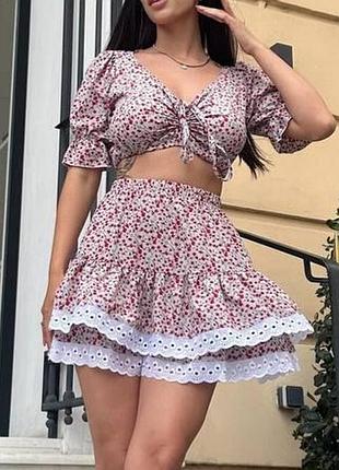 Милый нежный женский новый летний костюм комплект с юбкой и топом в цветочек в...