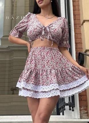 Милый нежный женский новый летний костюм комплект с юбкой и топом в цветочек в...