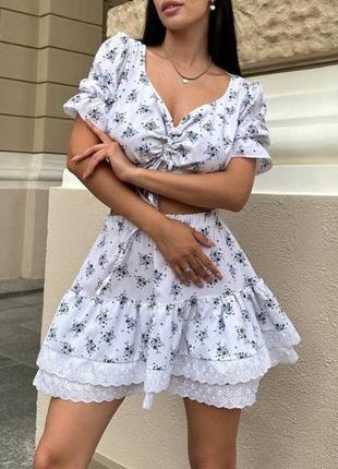 Милый нежный женский новый летний костюм комплект с юбкой и топом в цветочек в...