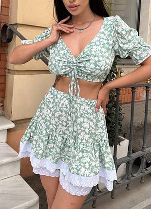 Милый нежный женский новый летний костюм комплект с юбкой и топом в цветочек в...