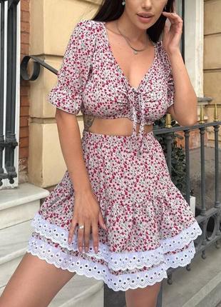 Милый нежный женский новый летний костюм комплект с юбкой и топом в цветочек в...