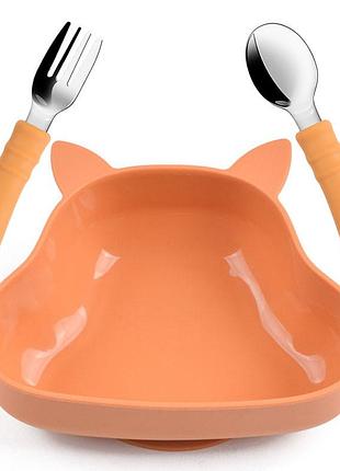 Набор детской силиконовой посуды 2life y25 глубокая тарелка белка и ложка вилка оранжевый n-12104