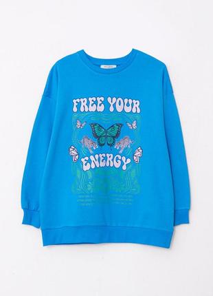 Блакитний оверсайз  світшот з принтом free your energy waikiki