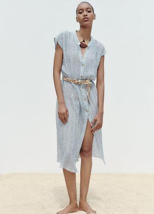 Смугаста сукня міді з плетеним паском від zara, розмір s**
