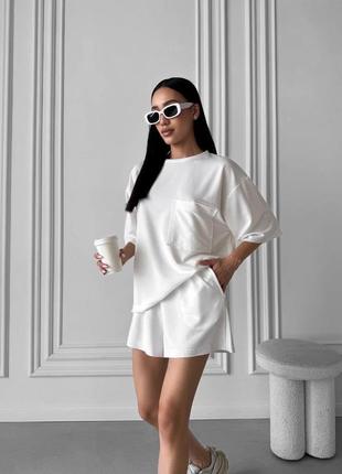 Топовый летний женский костюм оверсайз футболка с карманом и шорты базовый комплект